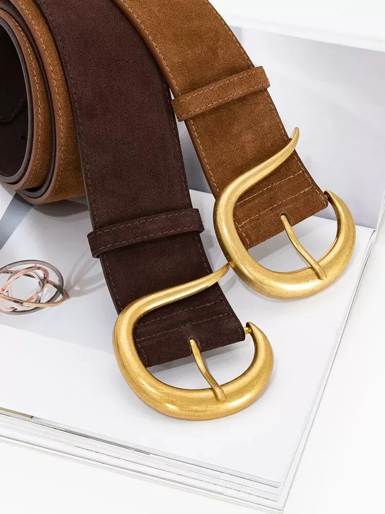 Fashion Wide Genuine Leather Women Belt Design Suede Cowhide Dress Waistbands Simple Width Belt Vintage Gold Buckle Belts