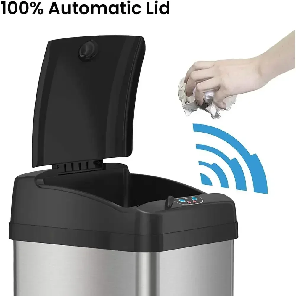 13 Gallon Sensor Touch Trash Can with AC Power and Odor Control, Stainless Steel, Extra-Wide Lid Kitchen Bin