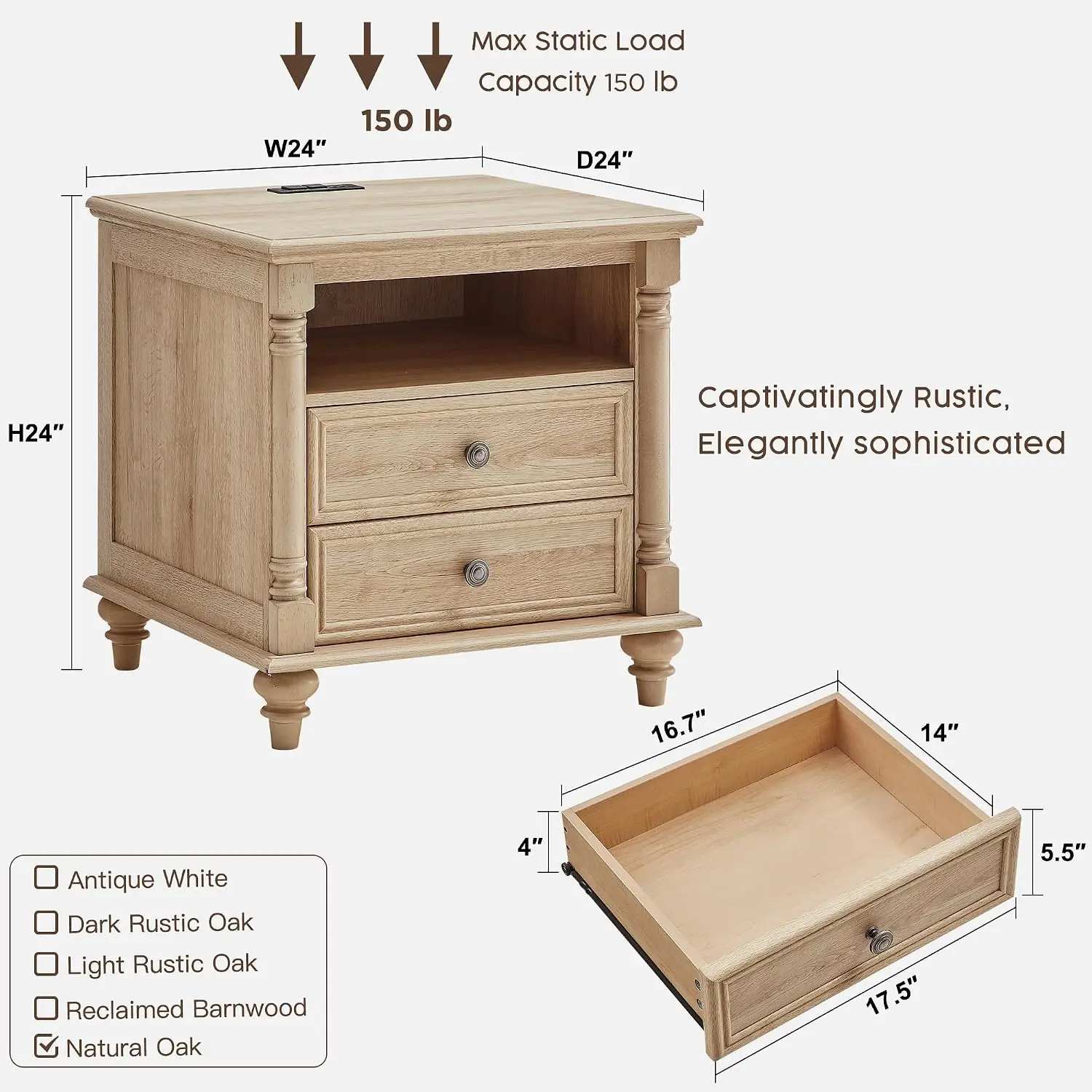 24 Inch Farmhouse Nightstand with 2 Drawers,Charging Station,4 Solid luxury Modern Wood Feet Natural Oak,Rustic Style, Custom