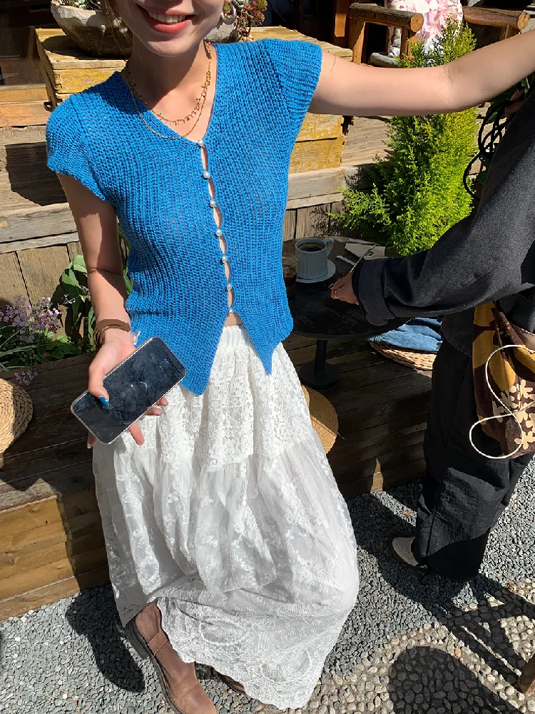 Cardigan lavorato a maglia blu Donna Estate Scollo a V Bottoni con perle Slim Maniche corte Top T-shirt eleganti e delicate