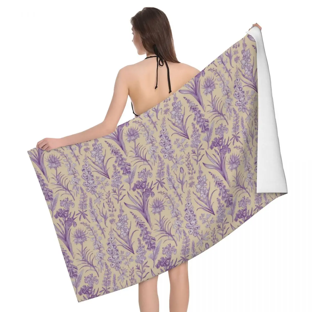 

Custom Purple Flower Toile De Jouy Beach Towel Quick Dry Floral Inspired Pattern Super Soft Microfiber Bathroom Sauna Towels