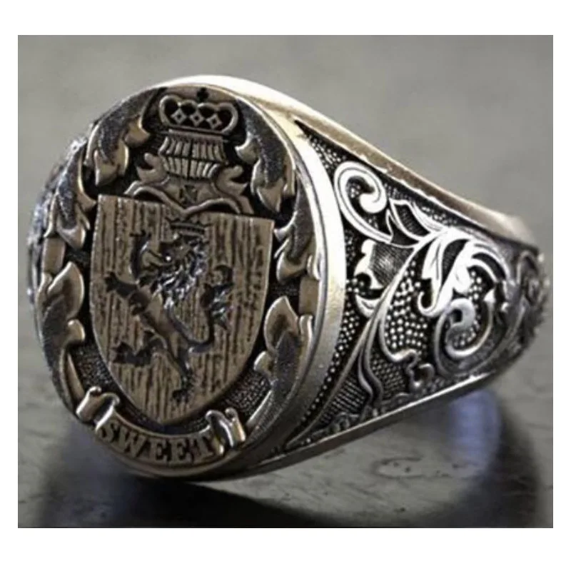 Vintage Lion Crown Shield Embossment Signet Rings for Men Women Retro Silver Color Metal Finger Rings Punk Hip Hop Party Jewelry