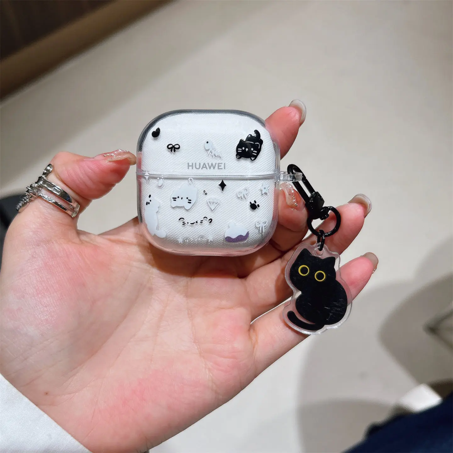 Cartoon Cat Earphone Case With Bead Lanyard Protective Cover For Huawei FreeClip 2 FreeBuds 7i 5i Pro3 Pro4 Pro5 SE4 SE3 SE2 6i