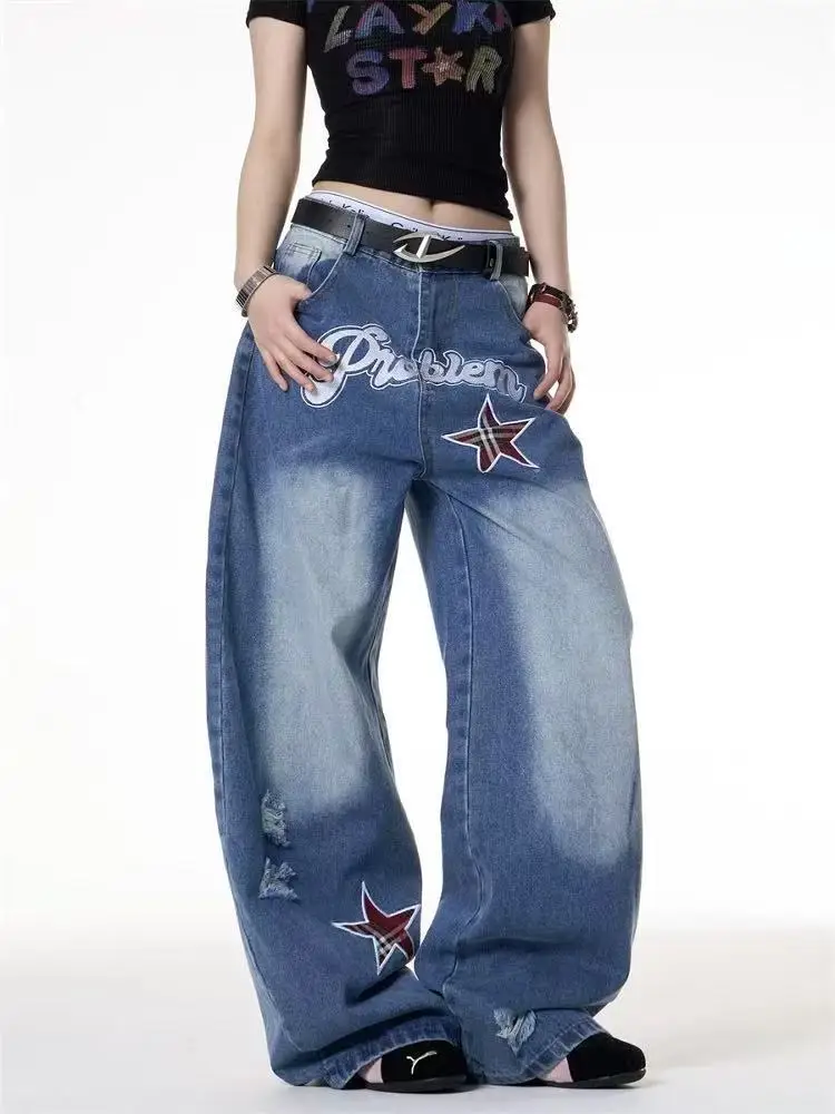 Deeptown Vintage Embroidered Star Women Jeans Washed Hole Wide Leg American Style Baggy Denim Pants Gyaru Straight Hip Hop