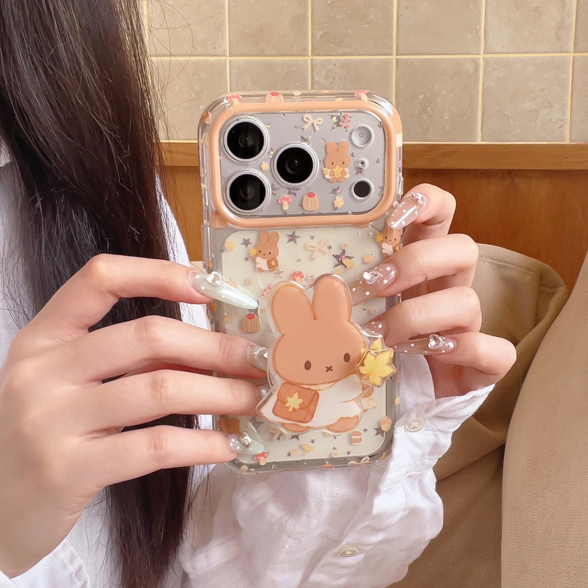 Cute Cartoon Miffy Rabbit Phone Case For iPhone 18 17 16 15 Pro Max With 3D Stand Holder Shockproof Soft Cover
