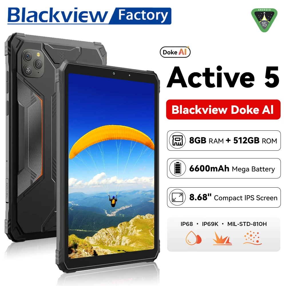 2025 Blackview Active 5 جهاز لوحي متين 8.68 بوصة Unisoc T615 ثماني النواة 8 جيجابايت + 128 جيجابايت هاتف ذكي 6600 مللي أمبير في الساعة أجهزة لوحية أندرويد 15