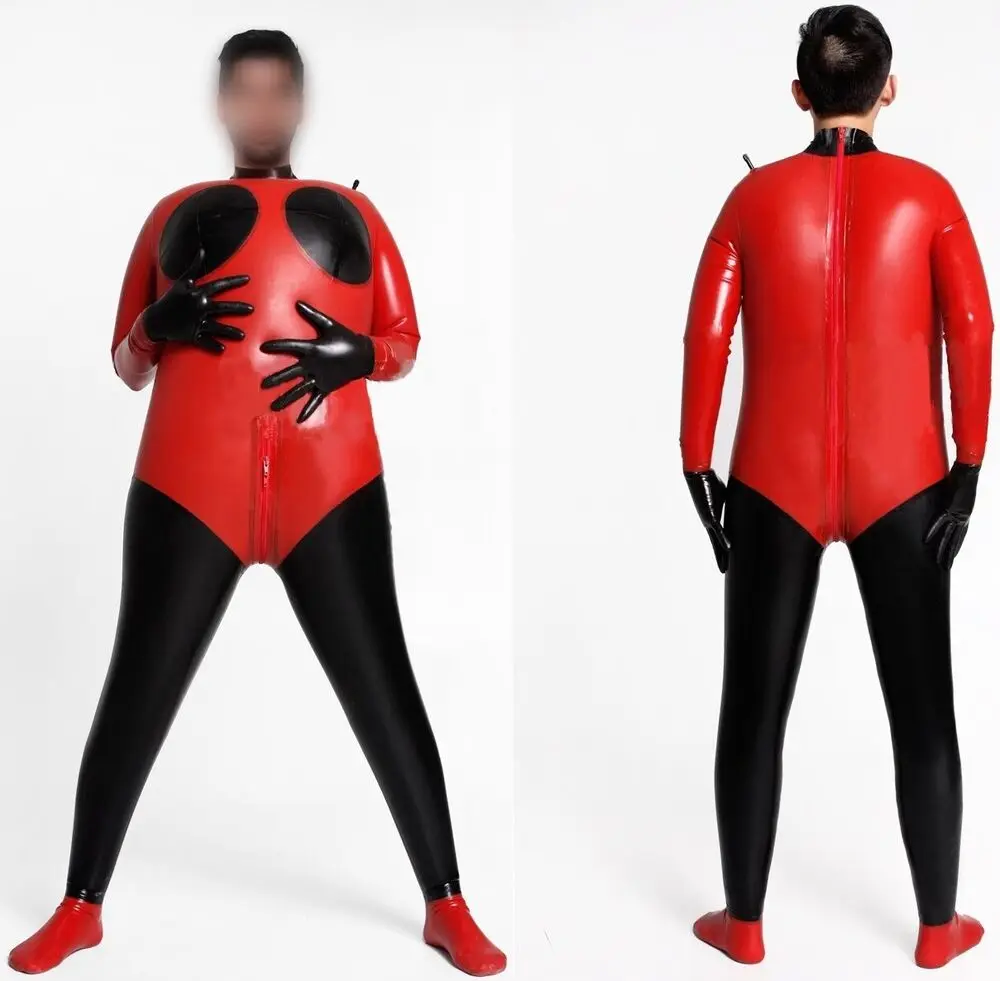 

Latex rubber Gummi Cosplay tight fitting red inflatable jumpsuit 0.4mm S-XXL