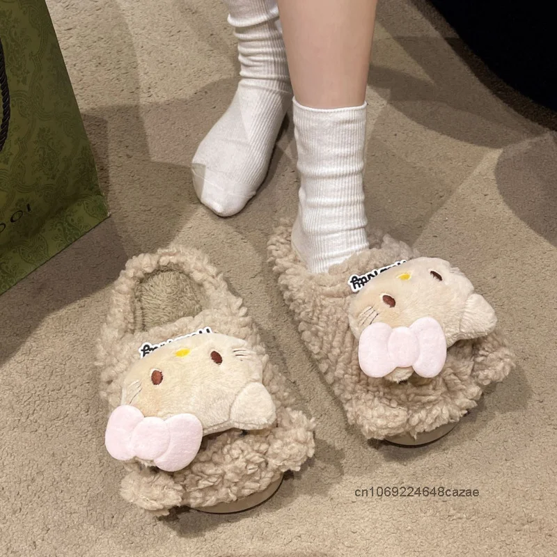 Sanrio Hello Kitty Women Autumn Winter Cotton Slippers Korean Version Plush Warm Slippers Cute Y2k Girl Home Anti Slip Slippers