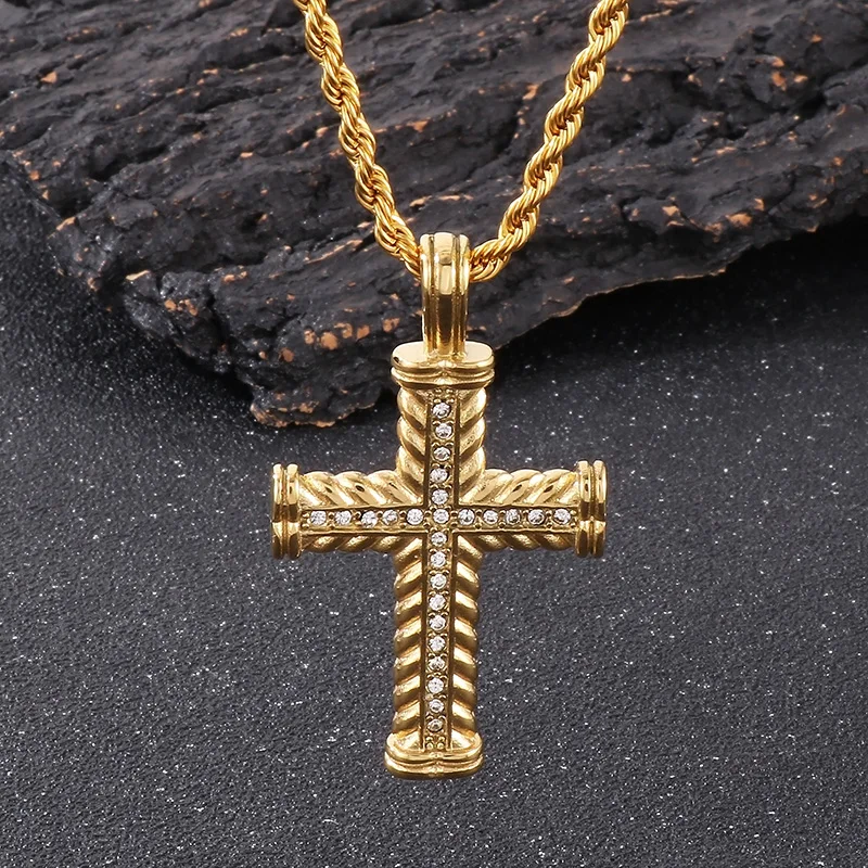 Hip Hop Shiny Rhinestone Cross Pendant Wheat Chain Stainless Steel Jewelry For Mens Luxury Blaing 4mm 22inch