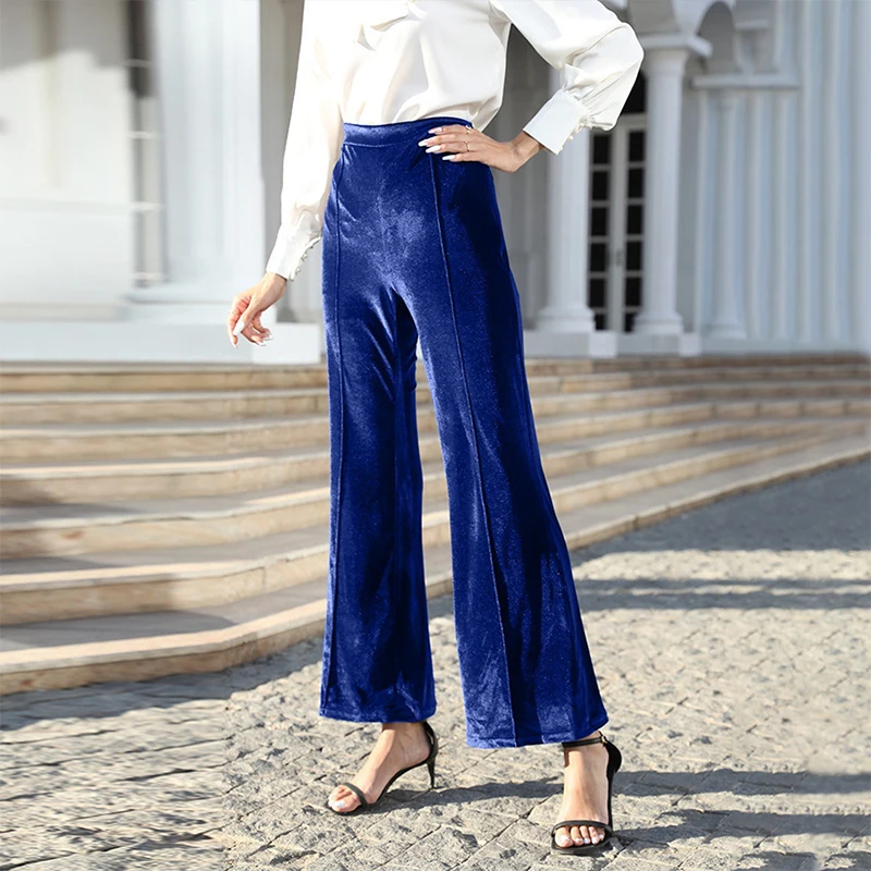 Women Wide Leg Velour Flare Pants Bell Bottoms Autumn High Waist Velvet Flare Pants Velvet Pleuche Trouser Lady Party Club Pants