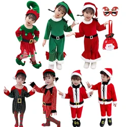 New Christmas Costume For Kids Boys Girls Santa Claus Green Elf Red Outfits Children Dress Up Clothes With Hat X-Mas Party Gift