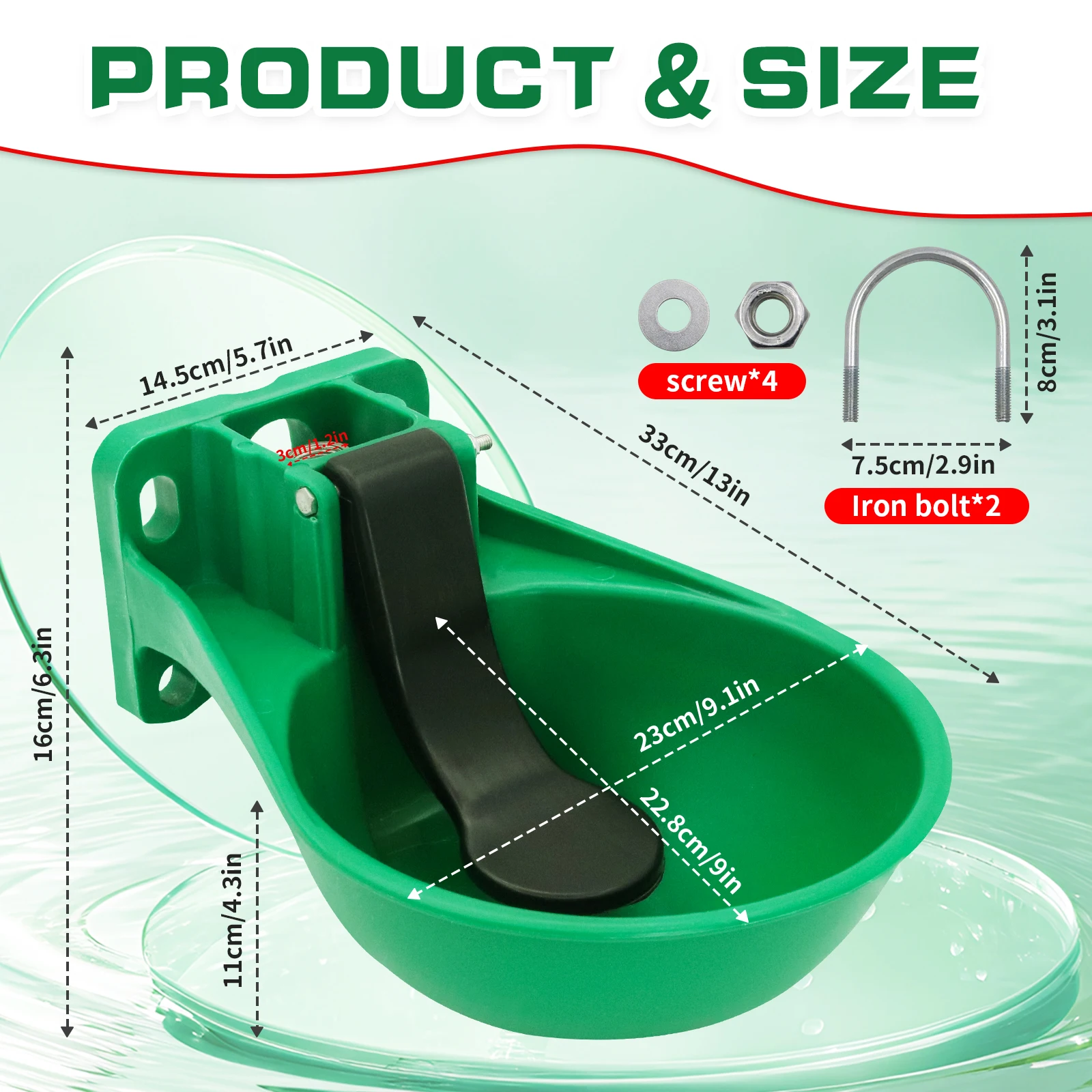 Auto Livestock Water Bowl W/ U-Bolt Mount, Press Drink Dispenser for Horses/Cattle/Sheep, BPA-Free Food-Grade Plastic Waterer