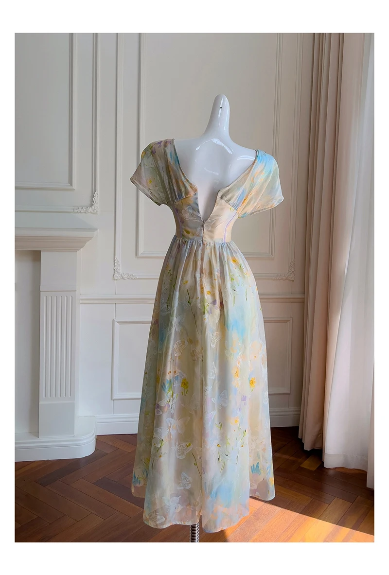 Lingzhi Wu French Elegant Long Dress Tea Break Vestidos Butterfly Print Fish Bone Waist Countryside Style Elegant Ladies Holiday