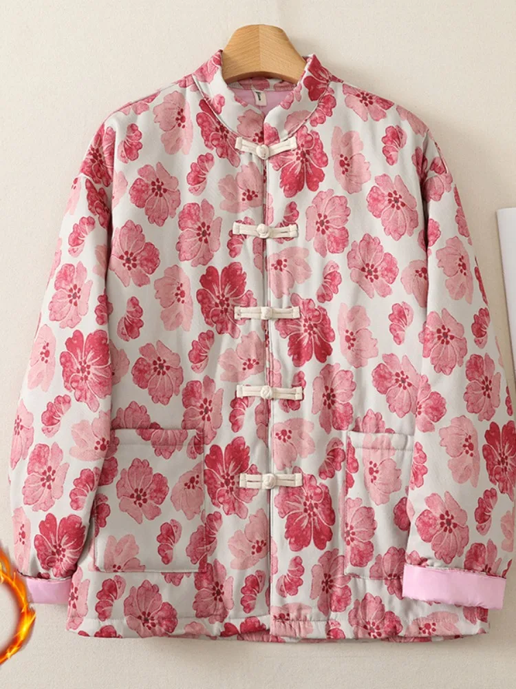 Chinese Style Printed Cotton Jacket Women's Winter Thick Outerwear Button up Stand Collar Long Sleeve Plant Floral Pattern