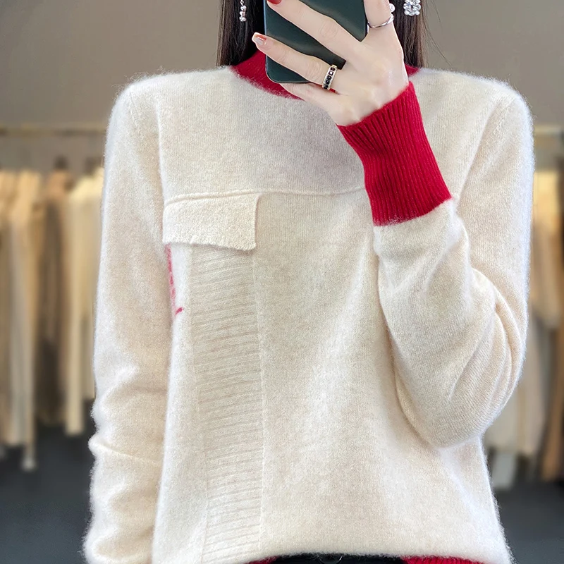 

Fall/Winter Women's Wear 100% Merino Wool Semi-turtle neck Knitted Pullover Color Matching Leisure Warm Top