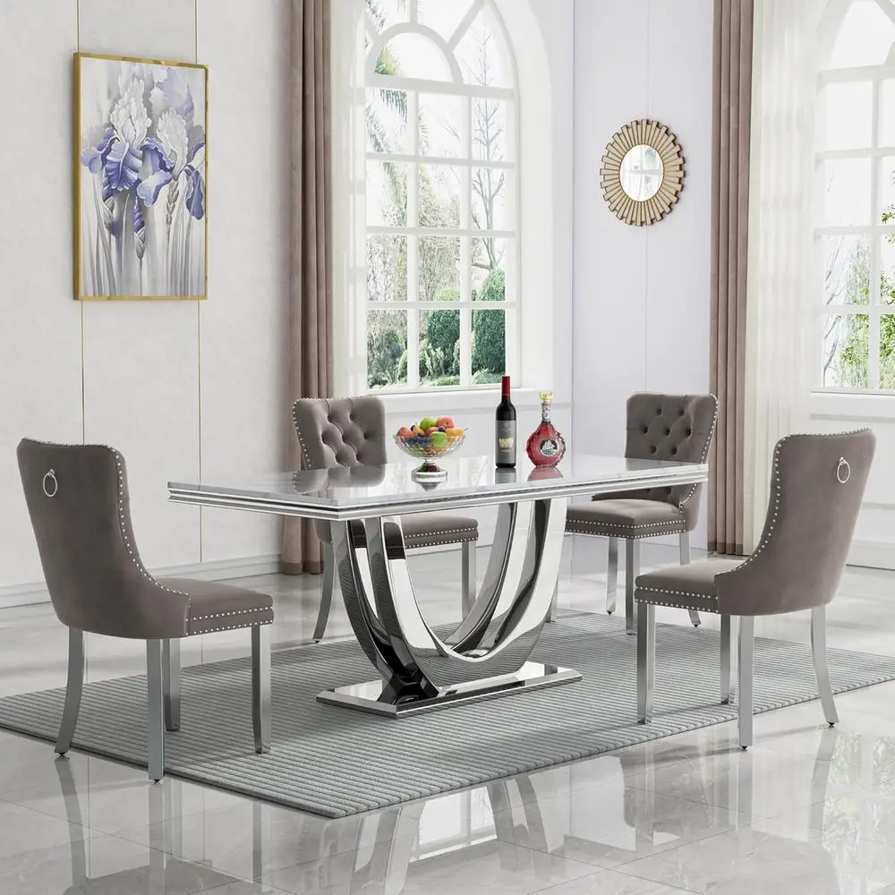 

Elegant 5-Piece Dining Set or 4-Seat White Marble Kitchen Table with Chairs or 4-Piece Dining Room Set with Grey Velvet Chairs,