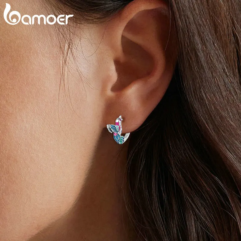 Bamoer 925 Sterling Silver Colorful Enamel Kingfisher Hoop Earrings Cute Birds Earrings for Women Anniversary Gift Fine Jewelry