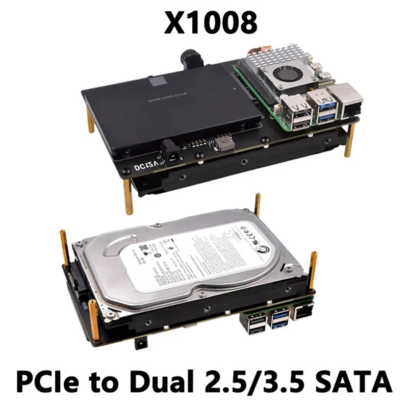 

X1008 Pcie до 2,5-дюймового жесткого диска SATA/SSD + 3,5-дюймового экрана SATA HDD для Raspberry Pi 5, НЕ поддержка загрузки HDD/SSD-B51B