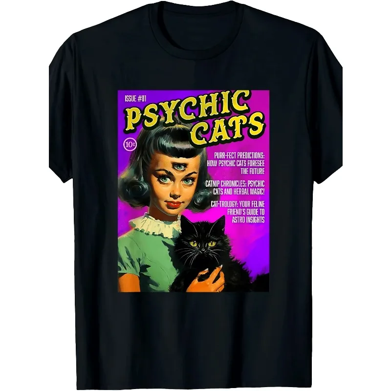 Psychic Cats 1950s Magazine Comic Cover T-Shirt Same Style for Men and Women 2026 Summer Short-sleeved Printed T-shirt 180G