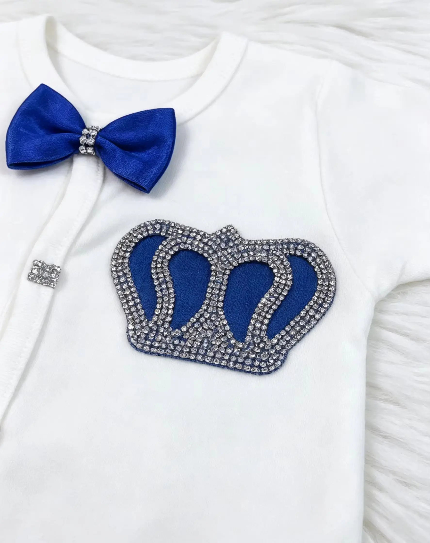 Luxury Royal Little Prince Baby Short Sleeve Jumpsuit Sparkling Rhinestone Crown Satin Bow Soft Mesh Infant Formal Wear For Dail