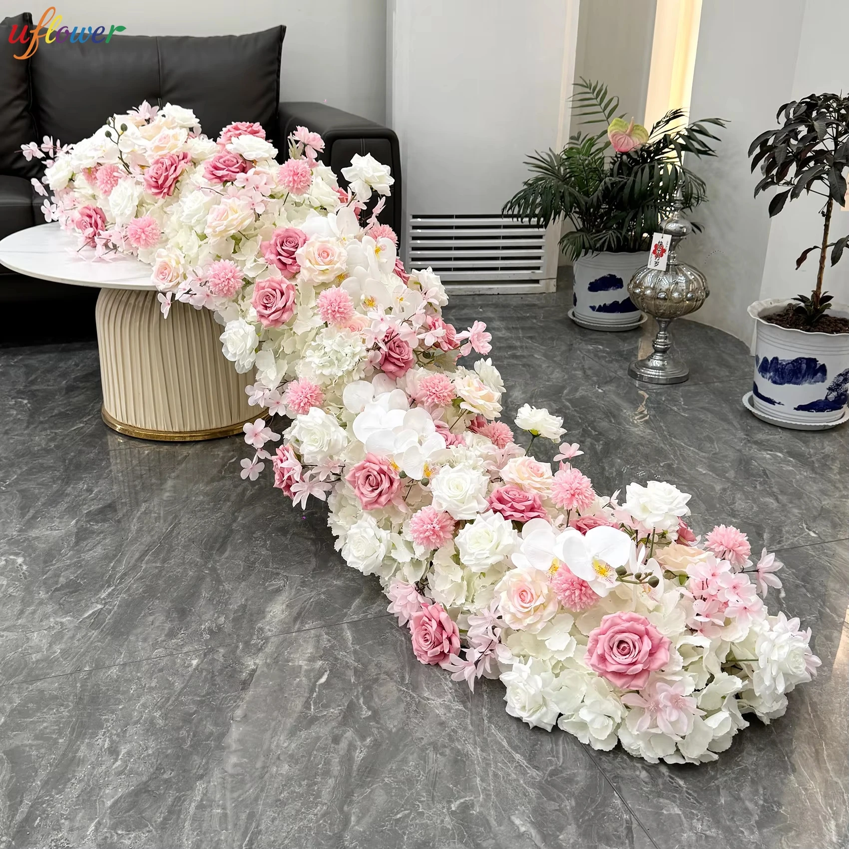 Décoration florale Uflower : rangée de roses roses et blanches pour arche de mariage, centre de table, accessoires d'événement, arrangement floral au sol