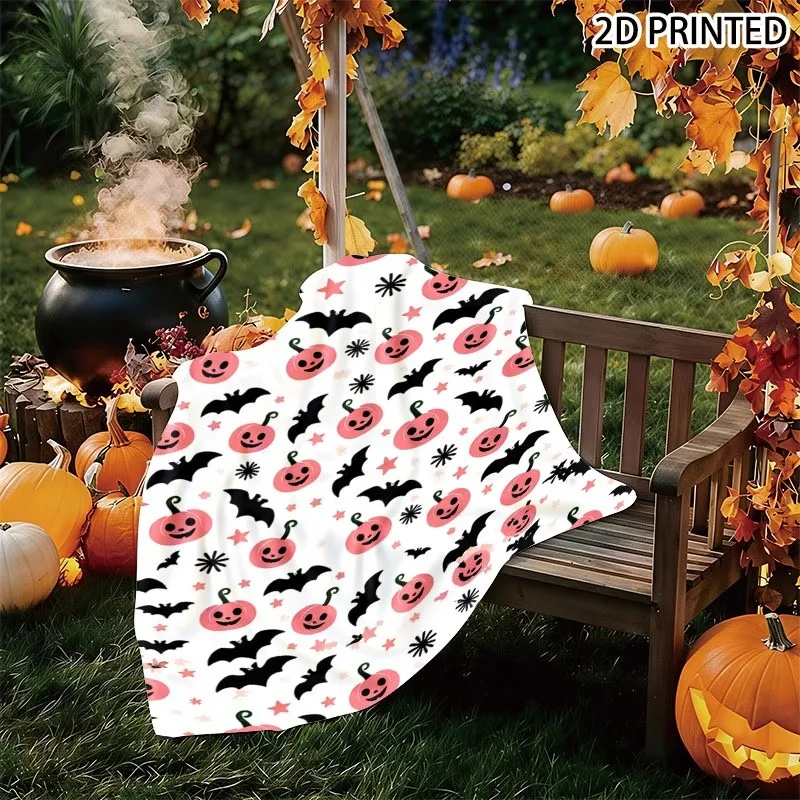 Cheerful Halloween Themed Throw Blanket, Repeated Smiling Pink Pumpkins, Black Bats, Small Pink Stars & Tiny Black Spider Web Pa