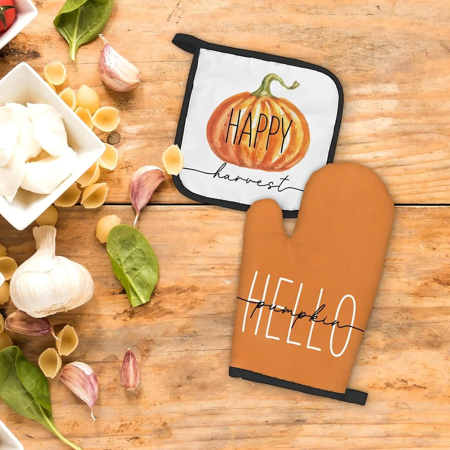 Fall Oven Mitts and Pot Holders Sets, Pumpkin Autumn Fall Kitchen Accessories Sets, Orange Hello Pumpkin Happy Harvest Fall Than