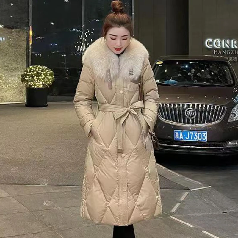 

2023 New Women Down Cotton Coat Winter Jacket Female Long Over The Knee Large Fur Collar Outwear Thicken Warm Fashion Parkas