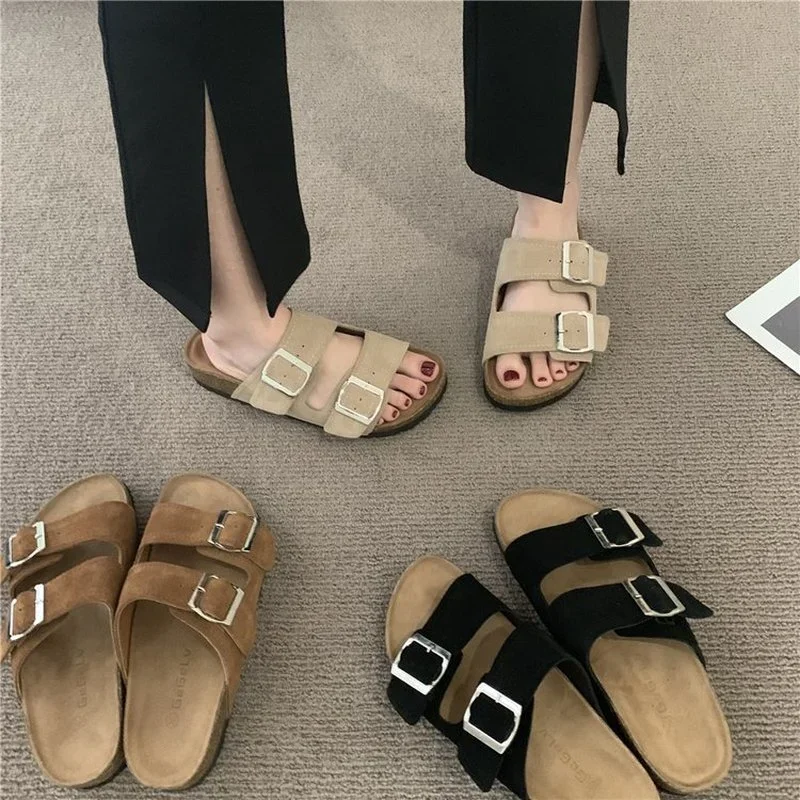 

2024 New Summer Women's Slippers Fashion Nubuck Birkenstocks Women Cork Slipper Casual Beach Double Buckle Non-slip Slides