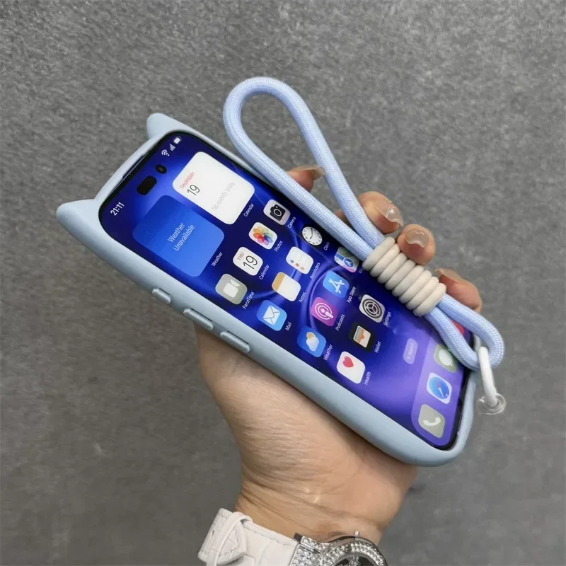 Cartoon Cat Ear for Magsafe Wrist Strap Case for iPhone 16 15 17 Pro Max Air 14 Plus 13 12 11 Lanyard Magnetic Transparent Cover