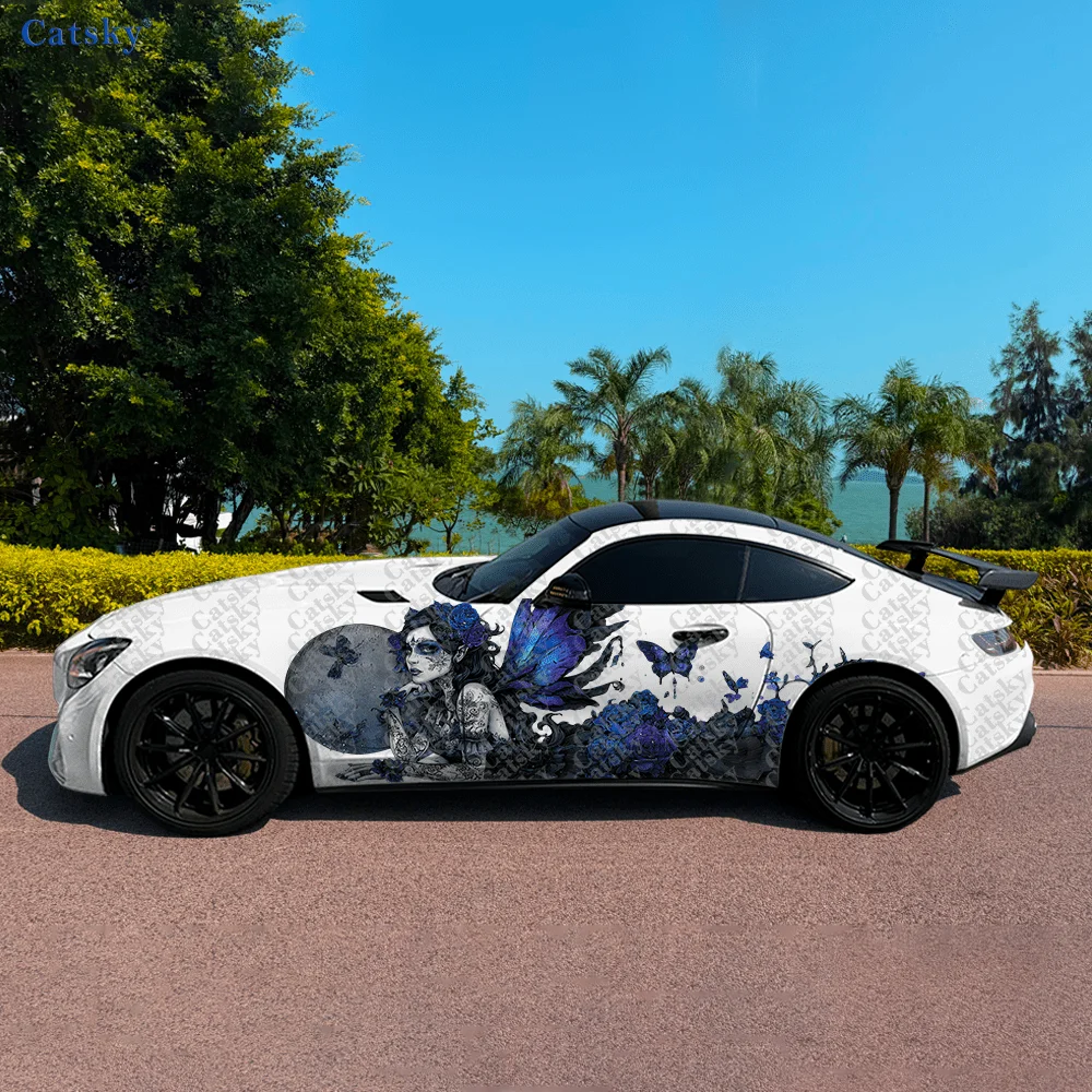 

2pcs Gothic Full-Moon Skull Elf Car Side Car Wraps, Self-Adhesive PVC Waterproof & Scratch-Resistant Sticker, Car Accessory Gift
