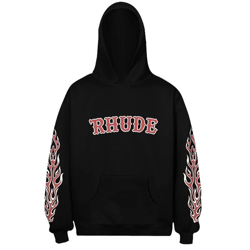 Vintage American Flame Sleeve Print Rhude Hoodies 2 Colors Black White Loose Drop Shoulder Men Street Pullover Sweatshirts