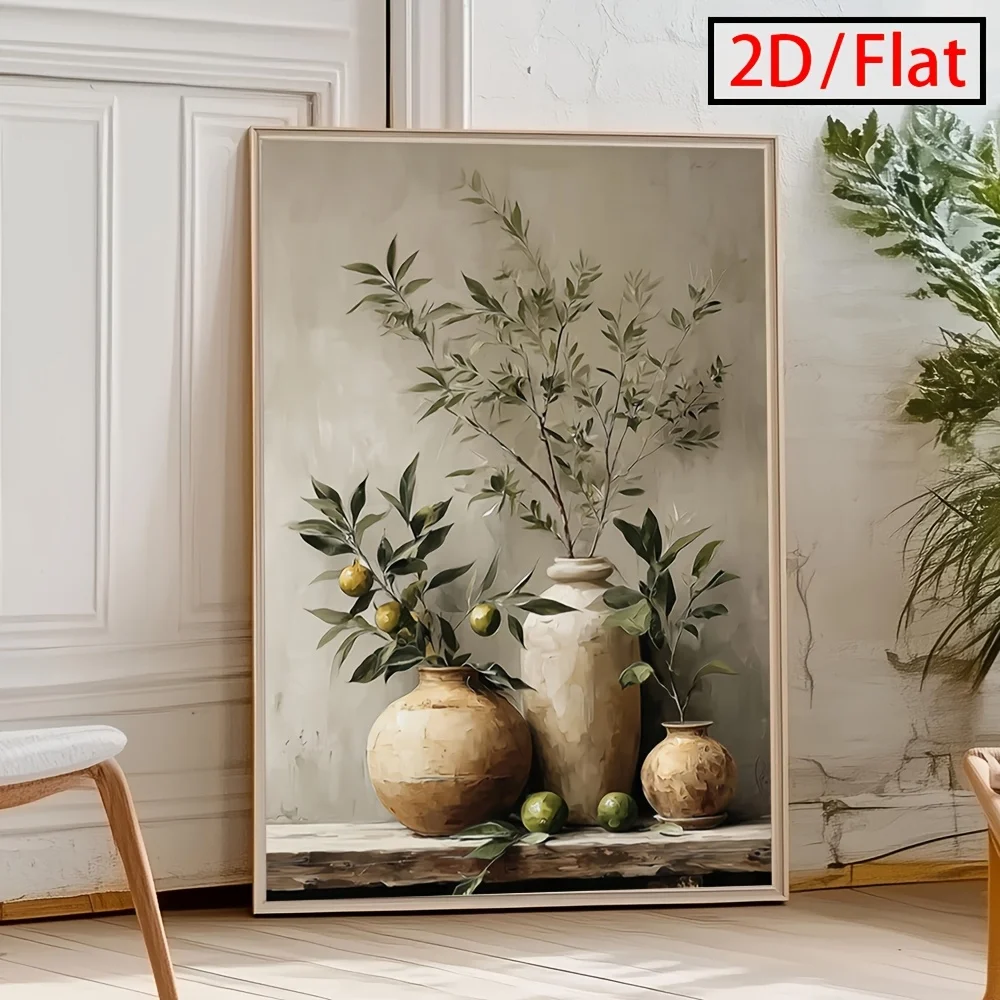 Frameless, Mediterranean Olive Tree Pattern Plant Wall Decor, Tuscan Style Landscape Decoration, Whimsical Canvas Painting Wall