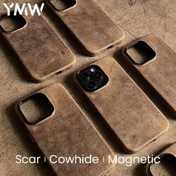 YMW Scars Crazy Horse Genuine Leather Case for iPhone 16 Pro Max 15 14 13 Mini Magnetic PULL-UP Frosty Cowhide Phone Cover