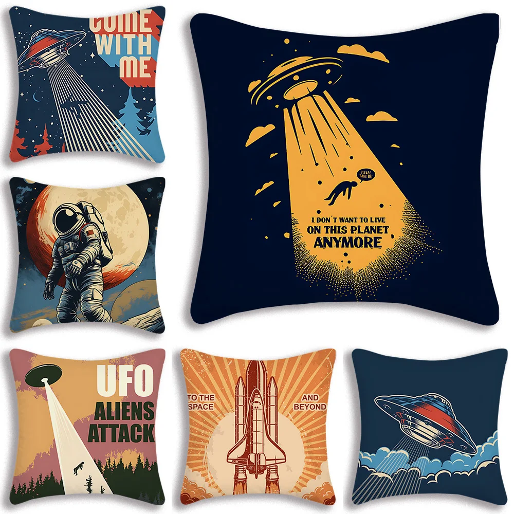 

Space Illustration Pillow Covers Cartoon Sofa Decorative Home Double-sided Printing Short Plush Cute Cushion Cover