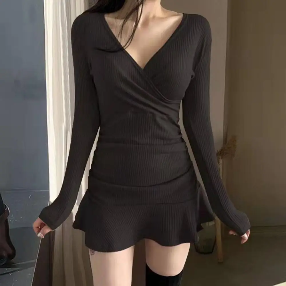 

Sweet Ruffle Women's Hip Hugging Skirt Pleated High Waist Long Sleeve Dress Sleepwear V-neck Y2k Slim Fit Dress Party