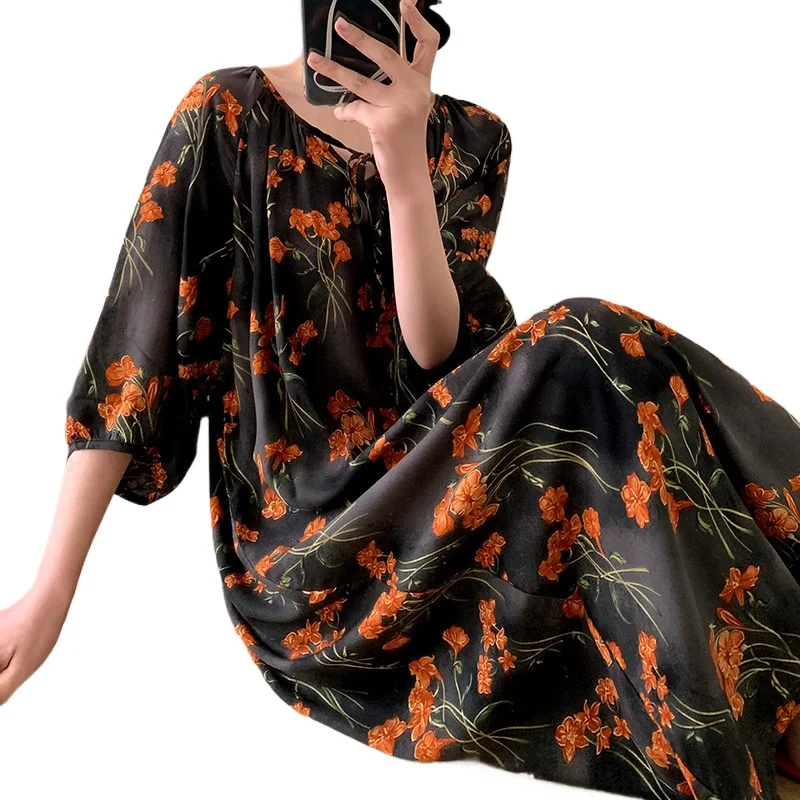 Women's Summer National Style Cotton and Silk Loungewear Hygroscopic and Sweat Releasing  New Chinese Short-sleeved Nightgown