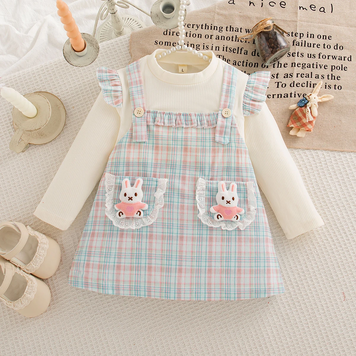 

Autumn New Cute Bunny Baby Girl Dress, Sweet Checkered Children'S Clothing For Birthday Parties (9 Months -3 Years Old)