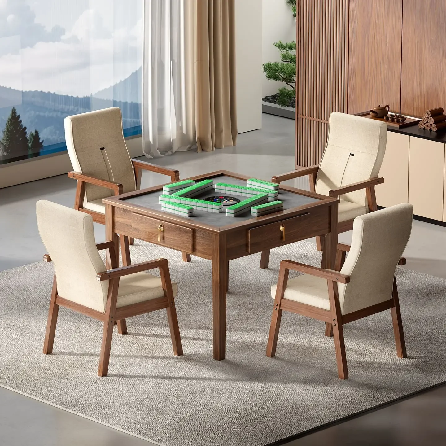DSA New Chinese Style Solid Wood  Mahjong Machine Silent Home Mahjong Table and Chair Combo Multifunctional Dining