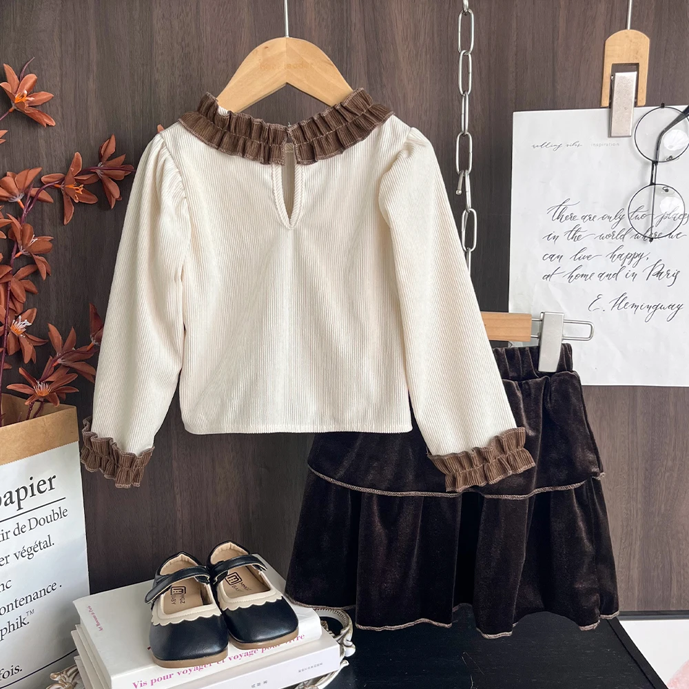 Autumn Casual Lace Color Blocked Long Sleeved Pullover and Skirt Two-piece Set for Girls Aged 3-7 Korean Version