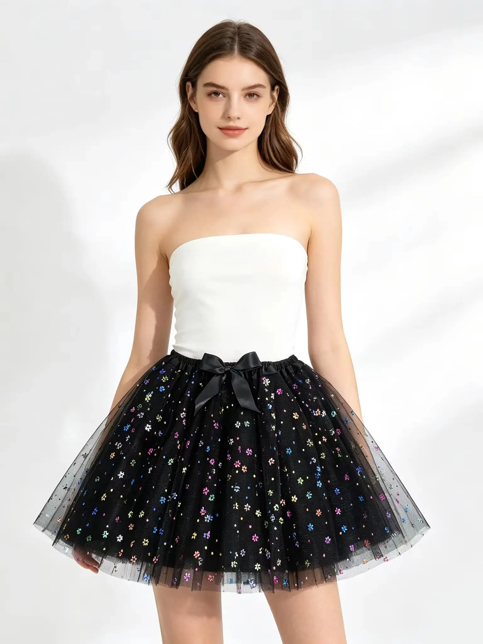 Falda Tutú Estilo Princesa en Magenta con Lazo de Mariposa, Cintura Elástica, Malla, Falda Corta de Media Pierna para Adultos, con Flores Brillantes