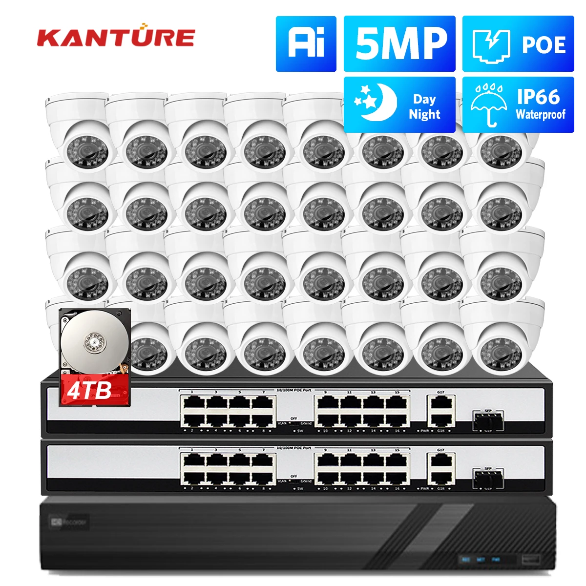 KANTURE 32CH 5MP Security POE IP Camera System Indoor Outdoor Ai Human Detection 5MP Waterproof Video Surveillance Camera Kit