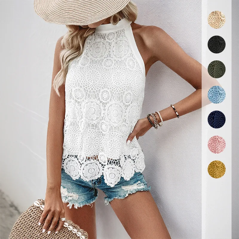 

Tops Women Halter Sleeveless Top Slim Fit Solid Casual Party Hollow Out Y2k Streetwear Elegant Splice Beach White Summer Lace