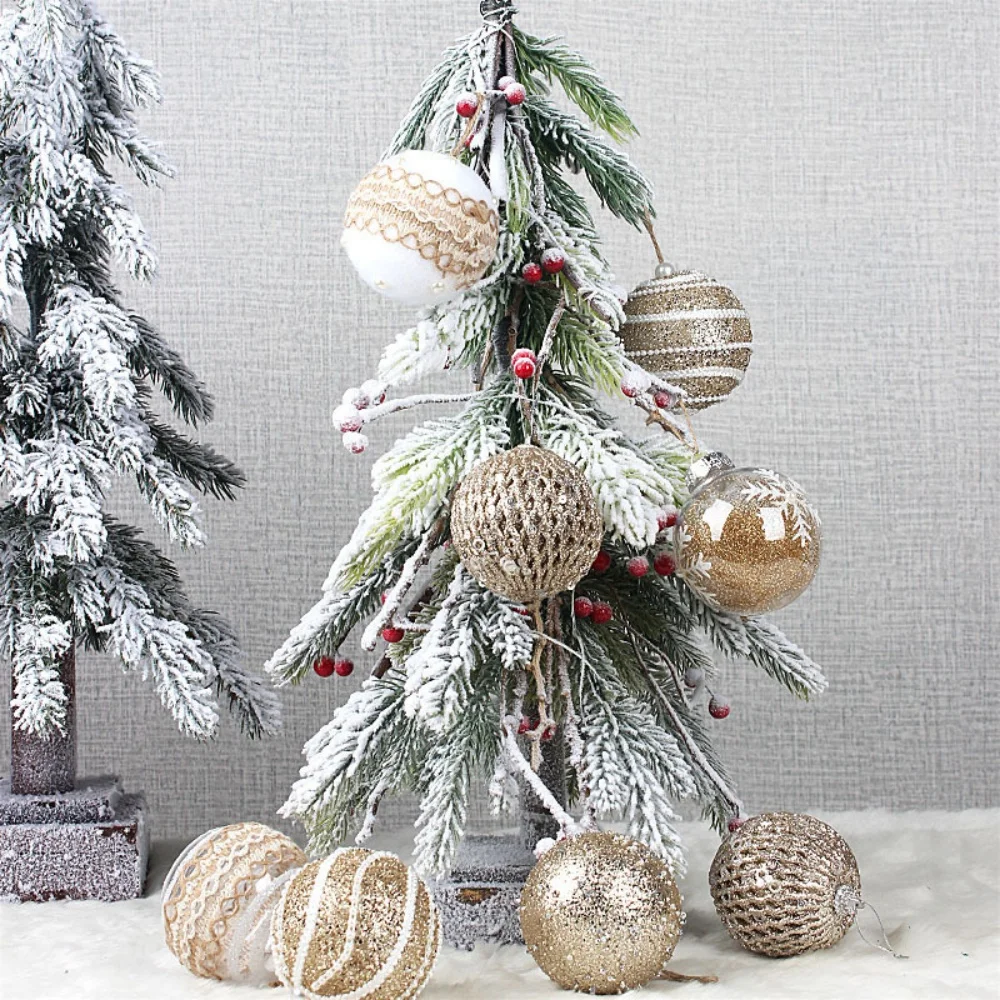 9PCS 8CM Transparent Gold Glitter Christmas Balls Ornament with Linen Rope Christmas Tree Pendant Home New Year Party Decoration