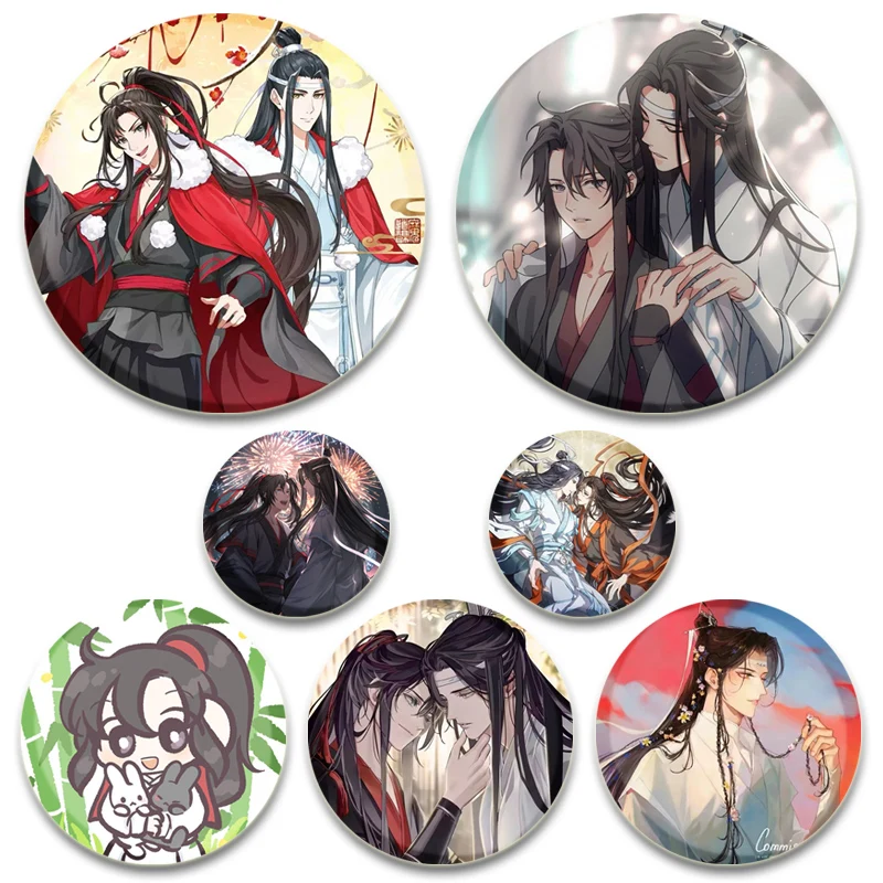 58mm Mo Dao Zu Shi HD Print Brooch Anime Badge Cartoon Figure Lan Wangji Wei Wuxian Round Display Brooches Lapel Pins Biżuteria