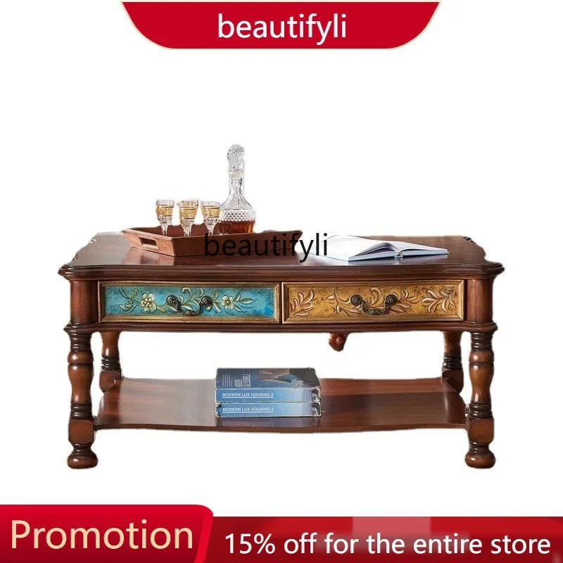 03 American country hand-painted large coffee table retro art small side corner table living room sofa side cabinet flower pot