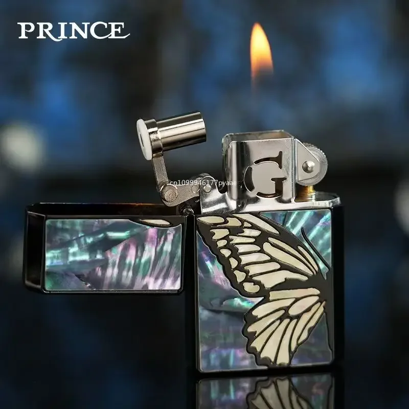 

Prince Extremely Cool Lighter Natural Colorful Beige Two-Side Inlay Butterfly Grinding Wheel Kerosiene Machine High-end Creative
