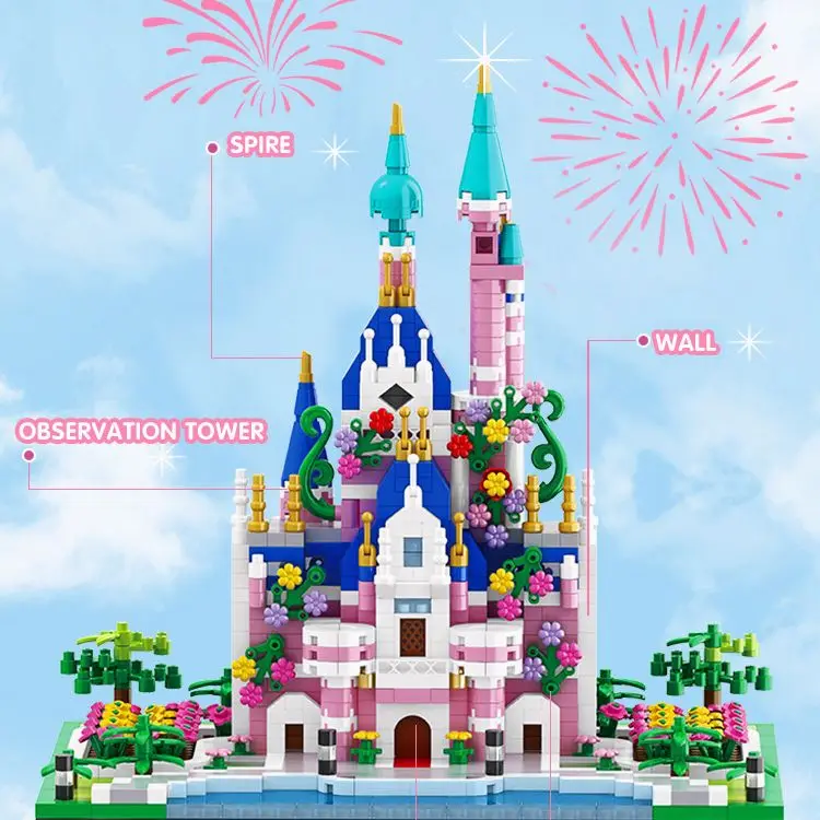 

Large Castle Building Blocks Pink Series Castle Church Bricks Adult High Difficulty Construction Toys Girls Gift