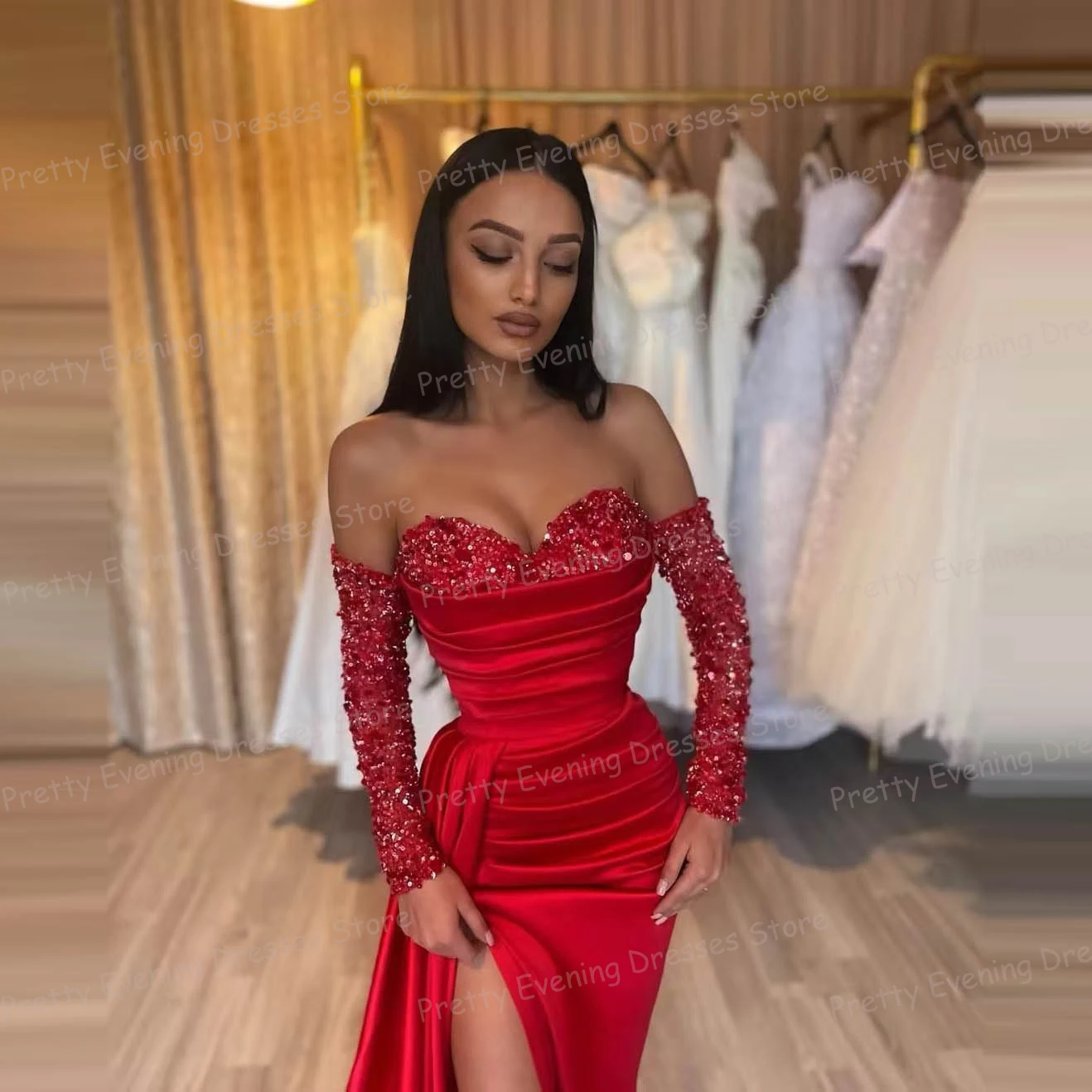 Simple Red Evening Dresses Woman's Mermaid Prom Gowns Sexy Long Sleeve Sequined Sweetheart Customized Vestido De Fiestas Fashion