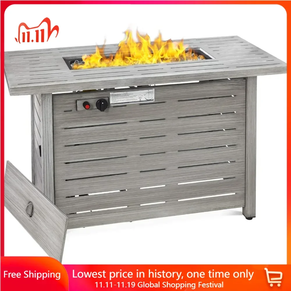 

42in Fire Pit Table with Burner Lid, Auto Ignition, Hideaway Tank Storage, Glass Beads, Rectangular Steel Propane Fire Pit Table